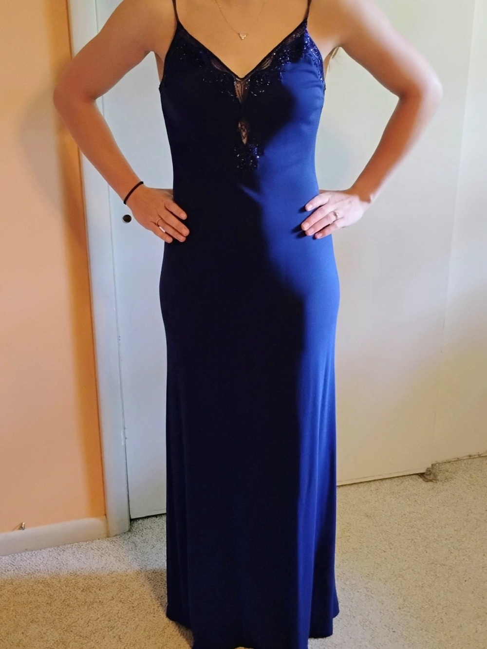 Rimini Midnight Blue Slip Maxi Dress with Beaded Lace Accents